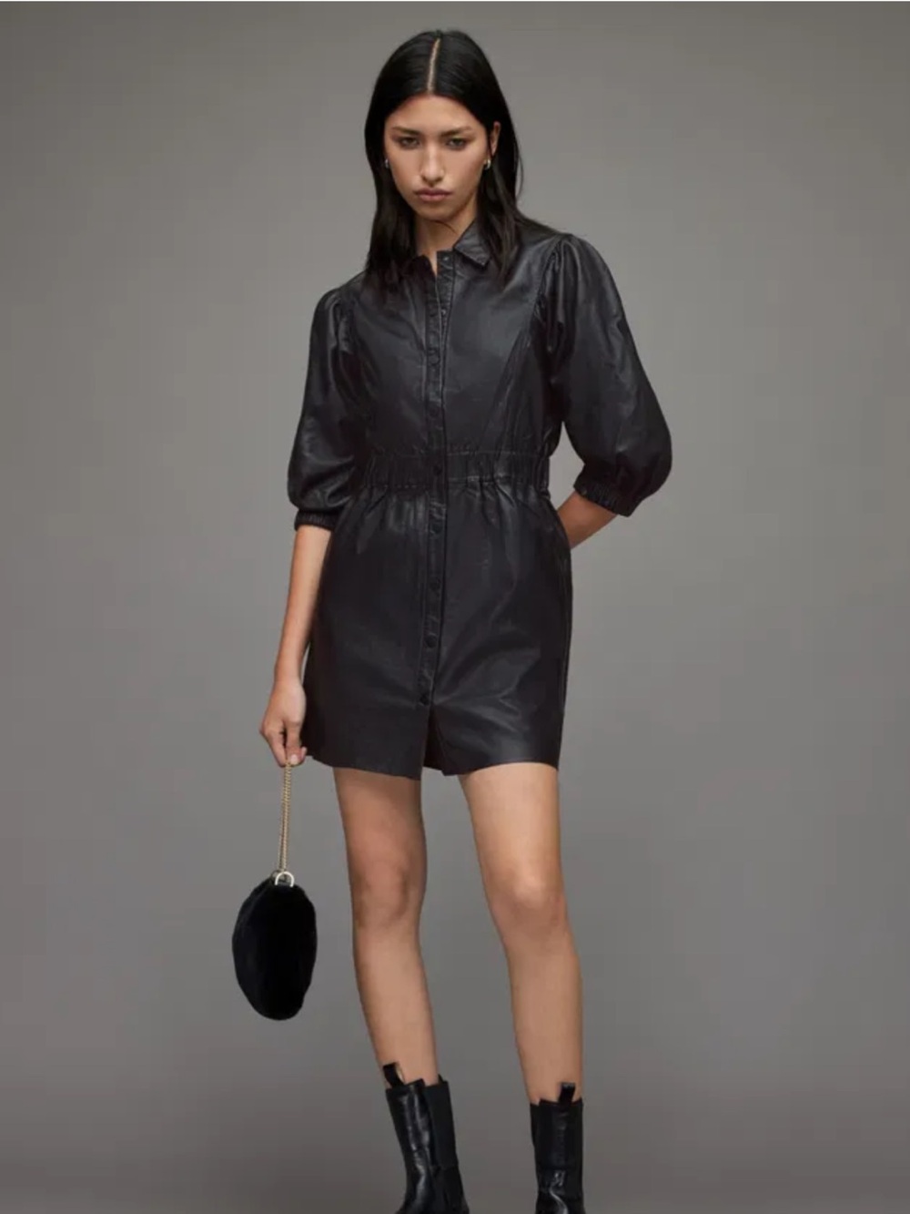 Allsaints Osa Leather Button-Front Shirt Dress